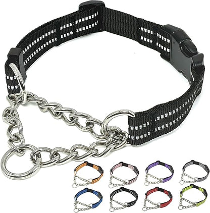 Martingale Dog Collars, Reflective Nylon Collar with Stainless Steel Chain, Adjustable Walking Training Dog Collars with Quick Release Buckle, Suitable for Small Medium Large Dogs(Black,M)