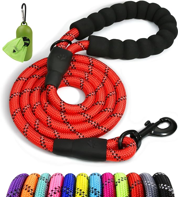 Taglory Rope Dog Leash 5 FT with Comfortable Padded Handle, Highly Reflective Threads Leash and Anti-Tangle Clip for Walking Small Dogs, 3/8 inch, Red