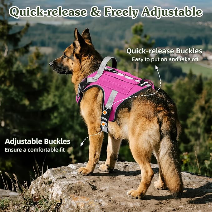 VavoPaw Heavy Duty Tactical Dog Harness for Large Dogs, No Pull Adjustable Pet Harness Reflective Service Training Easy Control Pet Vest Military K9 Working Dog Harnesses, Pink, XL