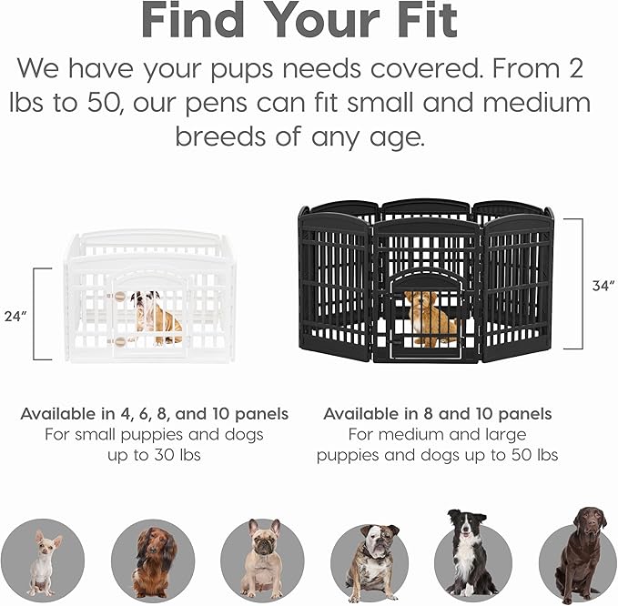 IRIS USA Dog Playpen with Door, 24” 4 Panel Pet Exercise Pen – Indoor Outdoor Puppy Play Pen, Portable Plastic Pet Fence for Small Medium Dogs, Foldable 35” x 35” x 24”, White