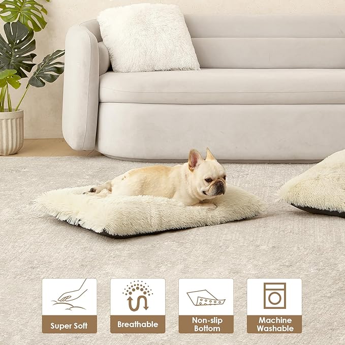 EHEYCIGA Fluffy Dog Crate Bed for Extra Large Dogs, Plush Faux Fur Crate Pad, Calming Anti Anxiety XL Dog Bed, Washable Soft Warm Mat with Non-Slip Bottom, Ivory Beige