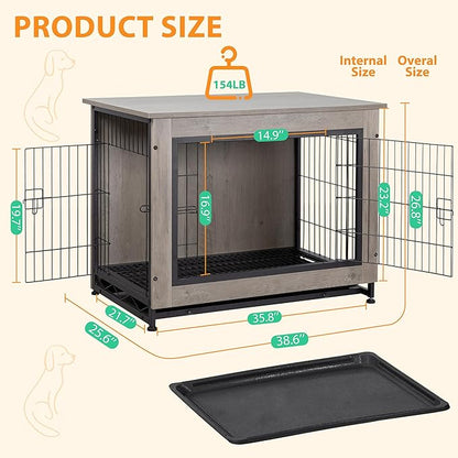 Shintenchi Wooden Dog Crate Furniture for Large Breed, L Double-Door Kennel Indoor with Removable Tray, End Table L Dog Crate for Decoration, 38.6" L, Grey