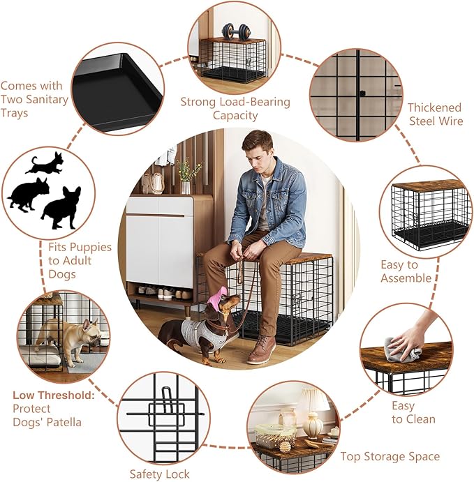 24 Inch Small Dog Crate - Indoor Puppy Kennel with Training Tray, Wooden Top & Thickened Metal Wire, Dog Cage for Small Dogs & Puppies Under 20 lbs, Decorative All-Stage Pet House