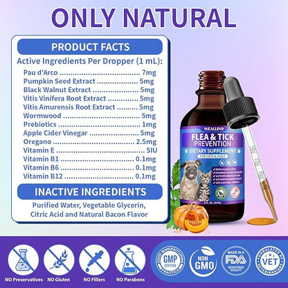 WEALLIN Flea and Tick Prevention Support for Cats and Dogs Natural Flea Treatment Drops with Multivitamin for Pets Oral Natural Supplement Flea and Tick Treatment Drops for All Breeds and Ages