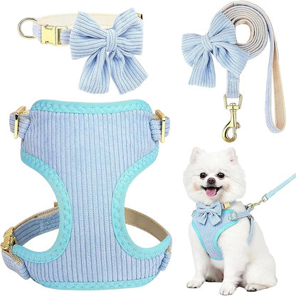 Small Dog Collar Harness and Leash Set, Dog Harness no Pull with Bowtie, Breathable Cotton Adjustable Pet Puppy Harness, Easy Walk Dog Harness, S(14–18.9")