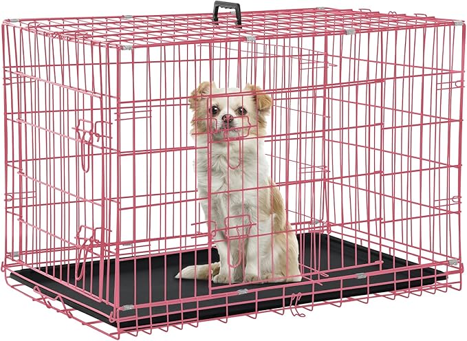 Dog Crate Dog Kennel Cage for Small Dogs, 24" Portable Foldable Indoor Outdoor Large Double Door Wire Metal Puppy Cat Pet Dog Cage with ABS Tray LC & Divider, Pink