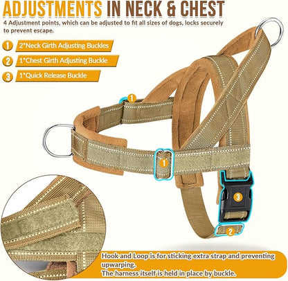 SlowTon No Pull Dog Harness - Heavy Duty Dog Harness and Leash Set for Medium Large Dogs, Reflective Tactical Harness with Soft Padded and Front Clip for Easy Walk and Training (Tan M)