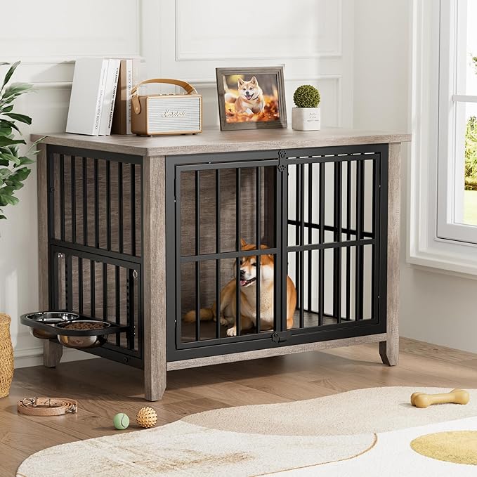 Lulive Dog Crate Furniture, Wooden Dog Kennel Indoor with Adjustable 360°& Height Dog Bowls, Double Doors Furniture Dog Crates End Table for Small/Medium 31.5" L*22.5" W*25.6" H, Grey