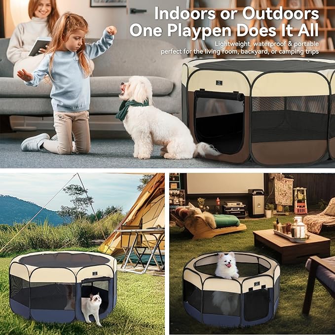 Dog Playpen for Small Dogs & Puppies, 50.39" Portable Indoor Outdoor Puppy Playpen with Bowl, Waterproof Floor, Foldable Pop-Up Pet Pen for Home, Travel & Daily Use, Blue+Beige