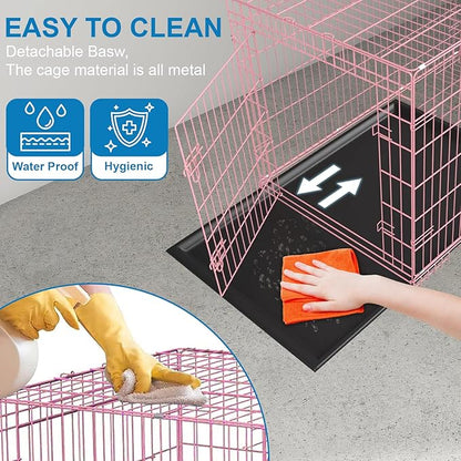 Dog Crate, Wire Kennel with Divider Panel, Metal Cages with Double Door, Leak-Proof Pan Tray, Folding Portable Pet Dog Cage for Indoor Outdoor Travel (Pink, 48")