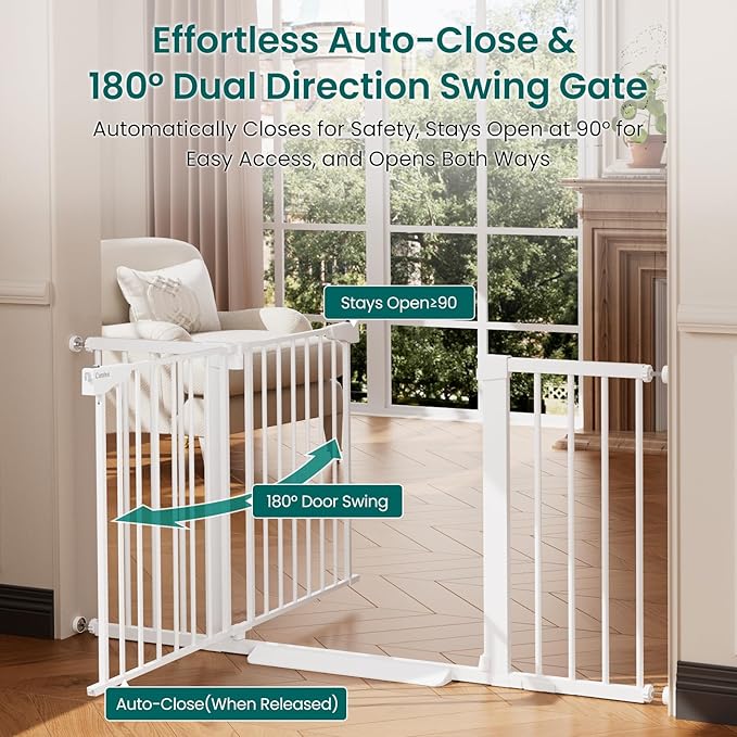 Cumbor 30-54" Extra Wide Baby Gate for Stairs, Dual Lock & Self-Closing Dog Gate Indoor, Easy Install Pet Gate for Doorways, Hallways & Kitchen, Easy Walk Thru Safety Proofing for Babies & Pets, White
