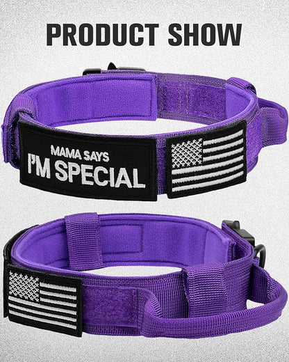 Joytale Tactical Dog Collar with Handle and Metal Buckle, Heavy Duty Padded Military Collar with 2 Patches for Training, Adjustable for Large Dogs, Purple, L