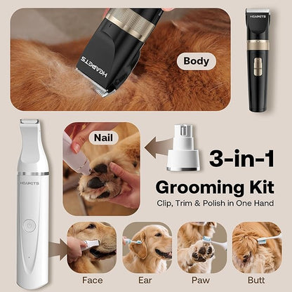 HEAPETS Dog Hair Clippers for Grooming Kit and Dog Paw Trimmer Nail Grinder for Grooming, Low Noise Rechargeable Cordless, Shaver Grooming Supplies for Pet Cats Dogs (Black, White)
