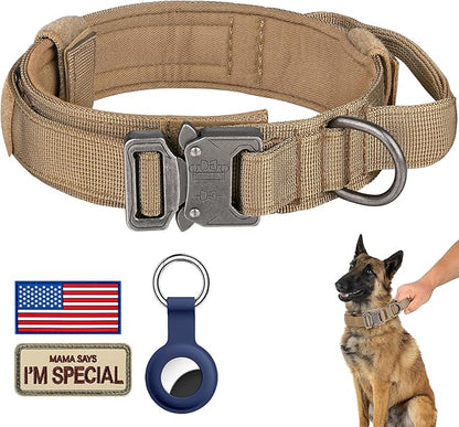 DAGANXI Tactical Dog Collar, Adjustable Military Training Nylon Dog Collar with Control Handle and Heavy Metal Buckle for Medium and Large Dogs, with Patches and Airtags Case (XL, Brown)