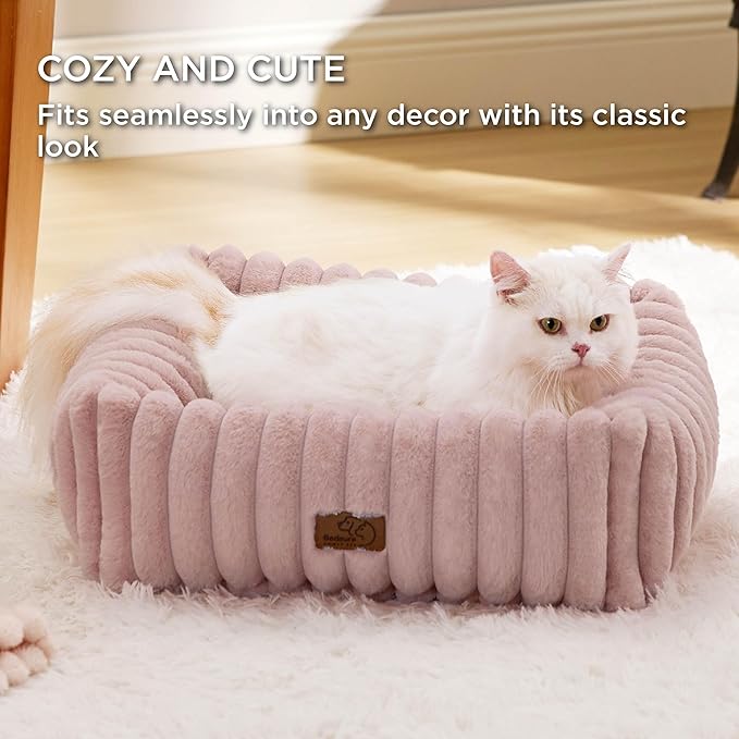 Bedsure ComfyFleece™ Cute Dog Bed for Small Dogs & Cats - Washable Furry Puppy Beds, Rectangle Orthopedic Corduroy Fleece Pet Beds with Removable Zipper Cover, 20x19x6inches, Blush Pink