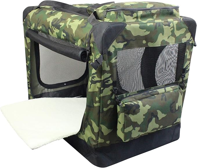 EliteField 3-Door Folding Soft Dog Crate with Carrying Bag and Fleece Bed (2 Year Warranty), Indoor & Outdoor Pet Home (42" L x 28" W x 32" H, Camo)