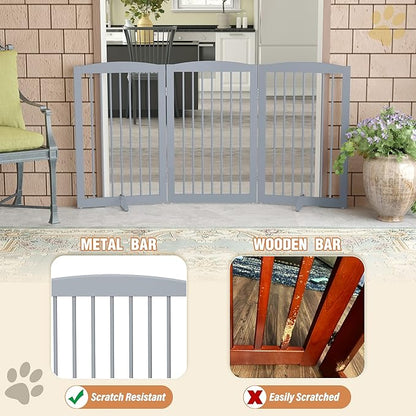 PUPETPO Freestanding Pet Gate for Dogs, Foldable Wooden Dog Gate for House Indoor, Tall Pet Fence for Stair, Doorway,Hall, Support Feet Included, 3 Panels 32",Grey