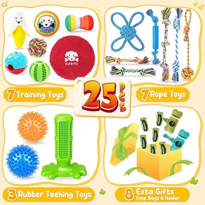 KIPRITII 25 Pack Dog Toys Set – Ideal for Teething, Entertainment & Interactive Play, Includes Puppy Toys, Rope Toys, Treat Balls and Squeaky Dog Toys