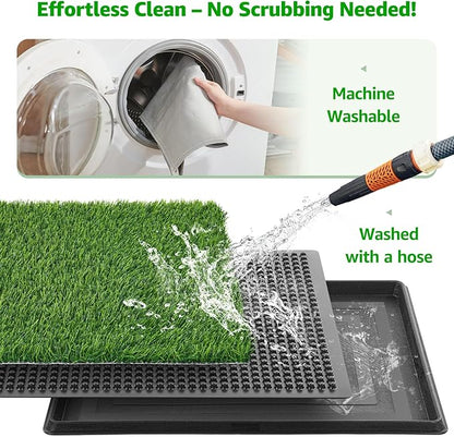 Portable Dog Grass Pad with Tray 20''x30'': Dog Litter Box with Artificial Grass Patch Bathroom Mat & Washable Pee Pad for Puppy Potty Training, Pet Loo Indoor Outdoor Use for Patio Balcony Apartment