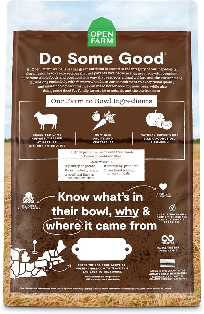 Open Farm, Grain-Free Dry Dog Food, Complete & Balanced Kibble, Sustainably & Ethically Sourced Ingredients, Non-GMO Veggies & Superfoods Support Overall Health, Pasture Raised Lamb Recipe, 22lb Bag