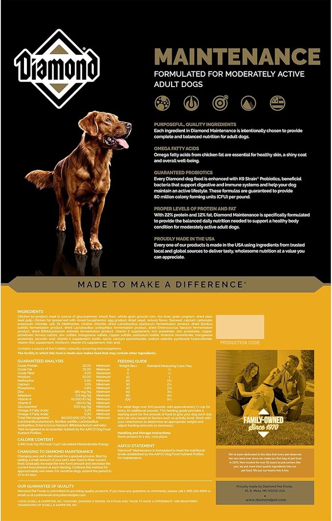 Diamond Maintenance Adult Dry Dog Food 22/12 for Moderately Active Dogs 20lb Bag