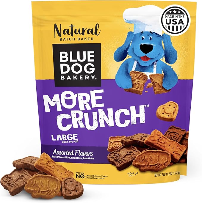 Blue Dog Bakery More Crunch Large Assorted Flavors, Dog Biscuits, Healthy Treats, All Natural, Bacon, Chicken, Cheese, Peanut, 43.2 oz (Pack of 1)