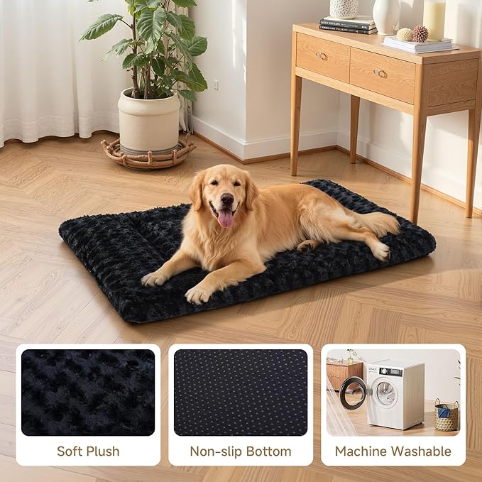 Washable Dog Bed Mat Soft Dog Crate Pad Fluffy Pet Kennel Beds Sleeping Mattress with Non-Slip Bottom for Large Jumbo Medium Small Dogs, 41 x 27 Inch, Black