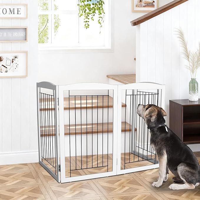 ZJSF Freestanding Foldable Dog Gate - Extra Wide Wooden White Puppy Gate - 2 Panels Pet Fence