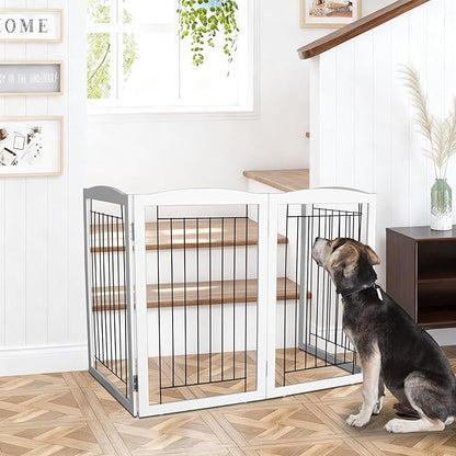 ZJSF Freestanding Foldable Dog Gate Wooden Extra Wide White Puppy Gate 6 Panels Tall Pet Gates for The House Dog Fence