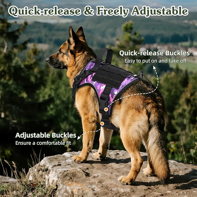 VavoPaw Heavy Duty Tactical Dog Harness for Large Dogs, No Pull Adjustable Pet Harness Reflective Service Training Easy Control Pet Vest Military K9 Working Dog Harnesses, Purple Camouflage, M