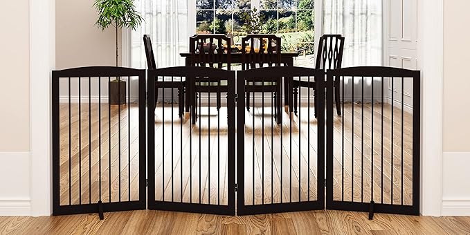 PUPETPO Freestanding Pet Gate for Dogs, Indoor Wooden Foldable Dog Gate for House, Doorway, Stair, 80 Inch Wide, 4 Panels 32",Brown