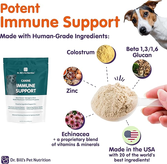 Dr. Bill’s Canine Immune Support | Boosts Dog Immunity and Health with Colostrum, Beta Glucan, Turkey Tail Mushroom, Zinc & Vitamin C | Powder Supplement for Dogs of All Ages