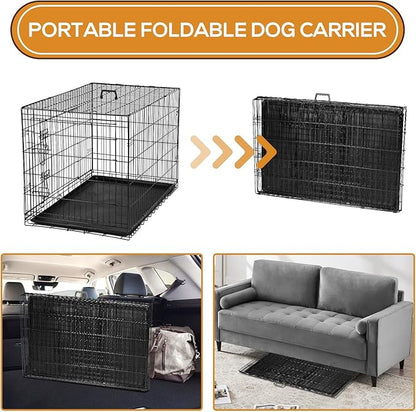 Dog Crate - 36 Inch Medium Double Door Portable Dog Cage, Metal Wire Pet Kennel with Secure Lock, Leak-Proof Pan Tray, Foldable Design for Dogs Pets Indoor Training and Outdoor Trave