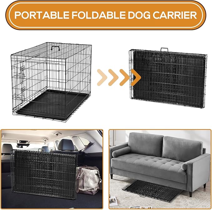 Dog Crate - 42 Inch Large Double Door Portable Dog Cage, Metal Wire Pet Kennel with Secure Lock, Leak-Proof Pan Tray, Foldable Design for Dogs Pets Indoor Training and Outdoor Trave