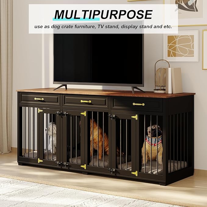 Dog Crate Furniture - Indoor Wooden Dog Kennel Crate Furniture with 2 Dividers, 3 Drawers, and 3 Lockable Doors, 72"x23.6"x31.5"H, Black