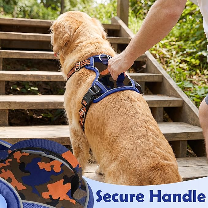 Funfox Dog Harness No Pull, Adjustable Pet Vest Harness, Super Soft Material with Vertical Handle Easy Control, Reflective Night Walking, 2 Leash Clips for XLarge Dogs, Camo Orange, XL