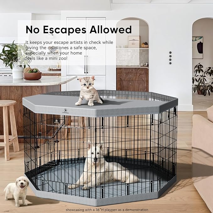 PJYuCien Dog Playpen with Top Cover and Bottom Pad - Metal Foldable Exercise Pen, 8 Panels 36" H x 24" W Indoor Outdoor Pet Fence Puppy Crate Kennel, Gray