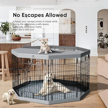 PJYuCien Dog Playpen with Top Cover and Bottom Pad - Metal Foldable Exercise Pen, 8 Panels 36" H x 24" W Indoor Outdoor Pet Fence Puppy Crate Kennel, Gray