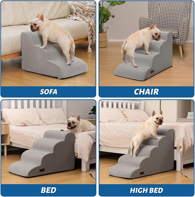 Aodisman 4-Step Dog Stairs and Ramp for Beds or Couches,Non-Slip Sturdy Pet Steps for Small Dogs and Cats,17.4" H,Light Grey
