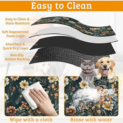 Dog Bowl Mat,Brown Flowers Pet Feeding Mat for Floors Waterproof,White Absorbent Dogs Placemat for Food and Water Quick Dry Pet Cat Feeding Mats with Non Slip Bottom 12" x 20"