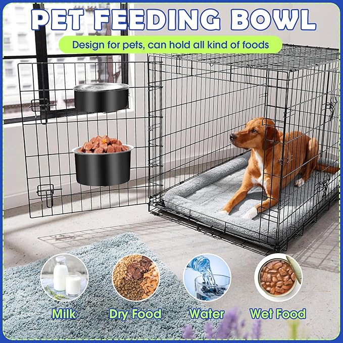 Attachable Dog Bowls for Crates, ShineMe 40oz & 60oz Dog Kennel Food and Water Bowl, 7.1 x 3.7” & 6.3 x 2.6” Dogs Crate Bowls Hanging No Spill for Large or Medium Dogs, Set of 2 Black