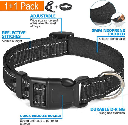 Ladoogo Reflective Dog Collar Padded with Soft Neoprene Breathable Adjustable Nylon Dog Collars for Small Medium Large Dogs (X-Small (Pack of 1), Black Collar+Leash)