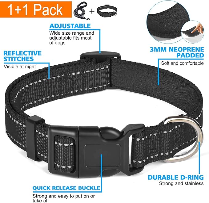 Ladoogo Reflective Dog Collar Padded with Soft Neoprene Breathable Adjustable Nylon Dog Collars for Small Medium Large Dogs (Large (Pack of 1), Black Collar+Leash)