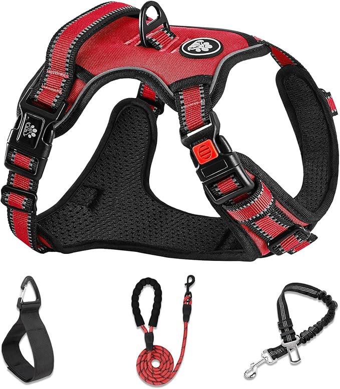 NESTROAD No Pull Dog Harness,Adjustable Oxford Dog Vest Harness with Leash,Reflective No-Choke Pet Harness with Easy Control Soft Handle for Large Dogs(Large,Red)