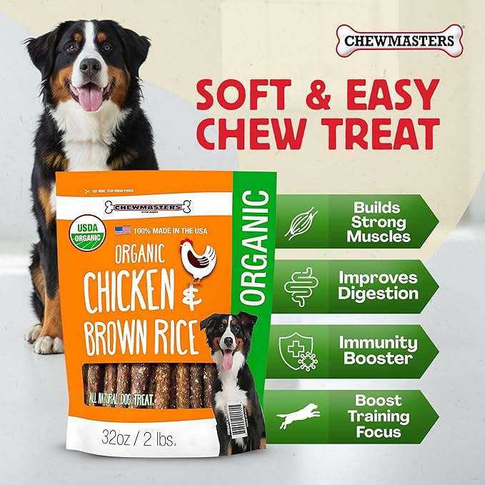 Chewmasters Organic Chicken & Brown Rice Dog Treats, 2 Pound Bag, 100% Organic, Made in The USA, Corn, Soy & Wheat Free, No by-Products, Real Meat Dog Treat