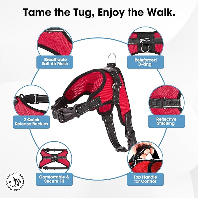 No Pull Reflective Adjustable Dog Harness with Handle- Comfortable Soft All Weather Mesh, Easy On Puppy Harness for Small Medium and Large Dogs (Red) Small