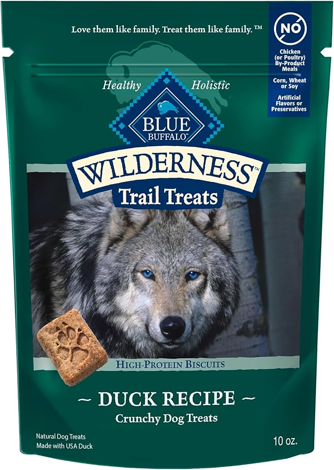 Blue Buffalo Wilderness Trail Treats High Protein Grain Free Dog Biscuits Crunchy Dog Treats, Duck Recipe, 10-oz Bag