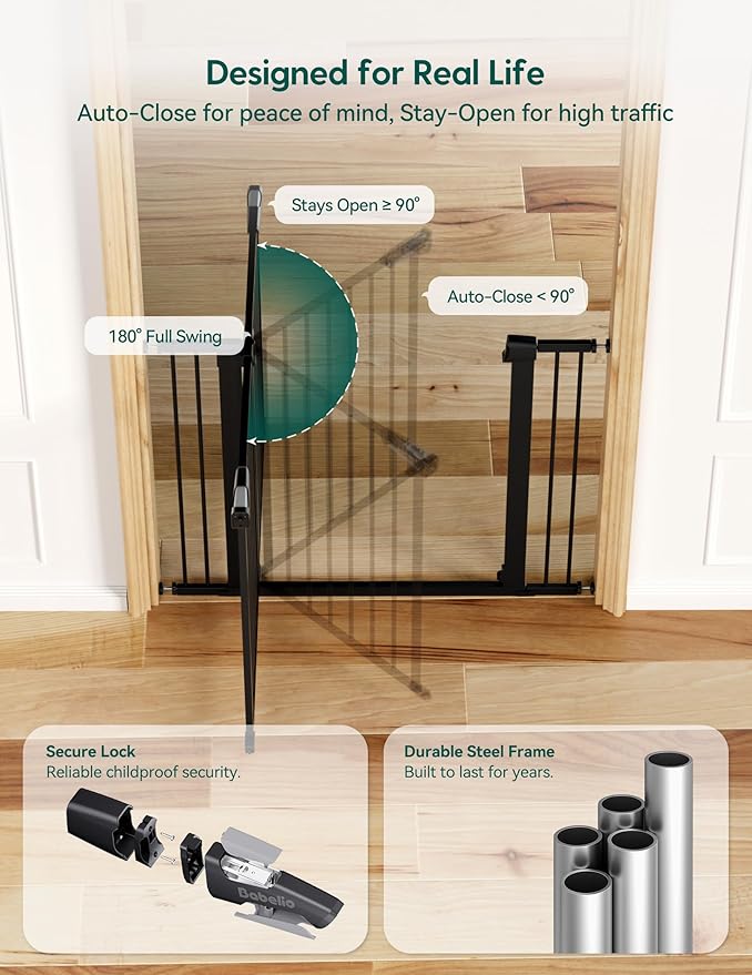 Babelio Baby Gate for Doorways and Stairs, 26-40" Auto Close Dog Gate, PressGuard C5, Easy-Install Pressure Mounted Satey Door, No Drilling Safety Gate for Child and Pets, Black