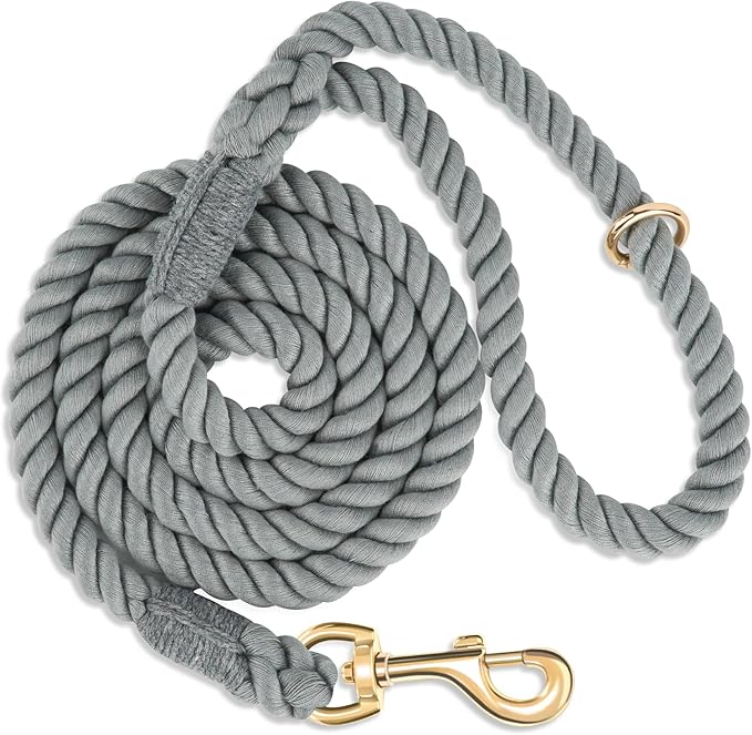 Dog Leash 6 FT Handmade Braided Cotton Rope Leashes for Small Medium and Large Dogs, New Golden Heavy Duty Metal Clasp, Grey