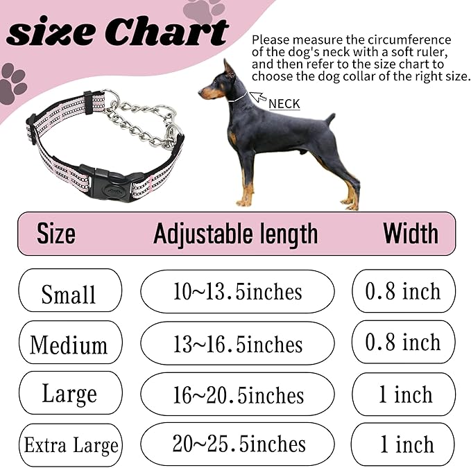 Martingale Dog Collars, Reflective Nylon Collar with Stainless Steel Chain, Adjustable Walking Training Dog Collars with Quick Release Buckle, Suitable for Small Medium Large Dogs(Pink,L)